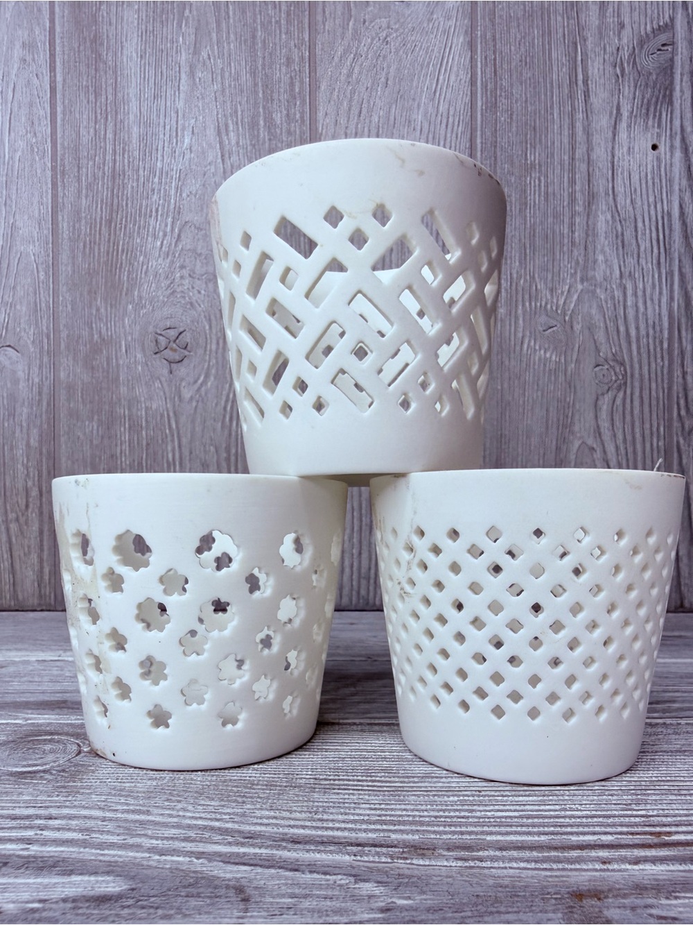 Set of 3 Porcelain Lattice Cut Out White Tea Light Votive Candle Holders planter